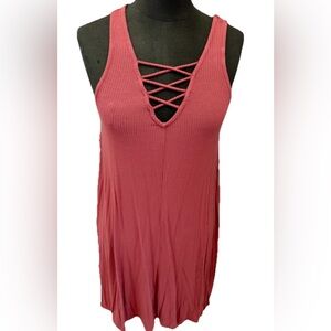 True Craft women’s Dusty Pink V Neck Stretchy Swing Sleeveless Dress, Size M